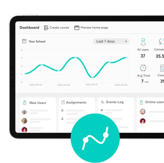 Tablet dashboard displaying a line-chart and summary metrics, showing user analytics within an online school admin interface.