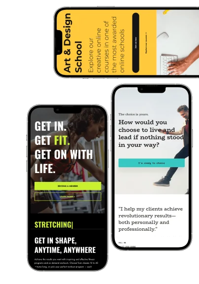 Three smartphone screens display app pages: a yellow art-school promo, a black fitness sign-up, and a white coaching/choice landing page, shown...