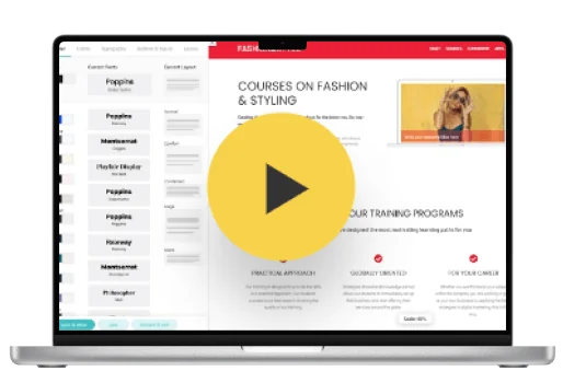 Laptop screen showing a website editor: a large yellow play button overlays a fashion course page with editing panel at left.