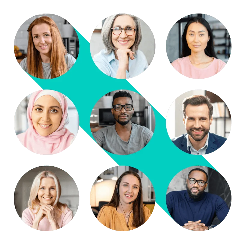 Nine circular headshot portraits (object) face the camera, mostly smiling (action), arranged in a 3x3 grid over a black background with a teal...