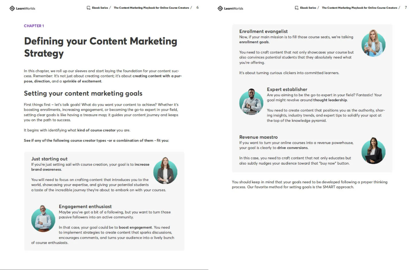Two-page ebook chapter titled "Defining your Content Marketing Strategy" outlines content-goal types (brand awareness, engagement, enrollment,...