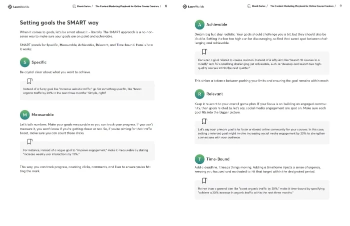 Two-page ebook spread presents the SMART goal framework, outlining Specific, Measurable, Achievable, Relevant, and Time-Bound with concise...