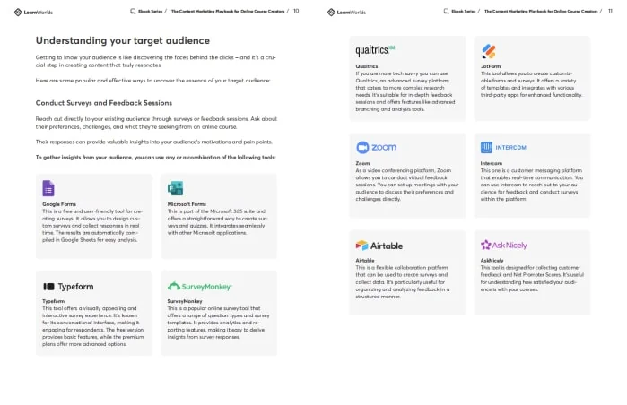 Object-action-context: A two-page guide page describes surveying an audience, listing and summarizing survey and feedback tools in labeled boxed...