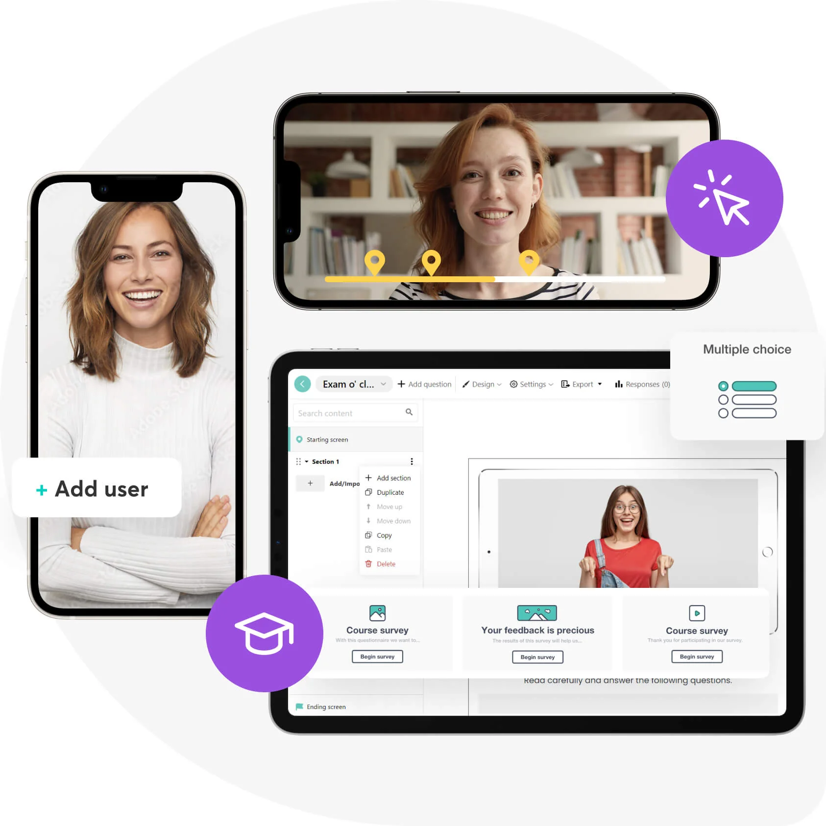 Smartphones and a tablet show smiling portrait videos and a survey editor: phones display user photos and video markers while the tablet shows an...