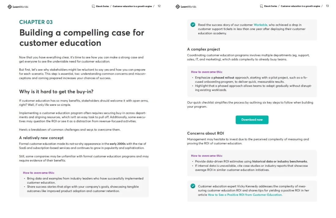 Two-page ebook spread: a chapter titled "Building a compelling case for customer education" outlines stakeholder buy‑in challenges and actionable...
