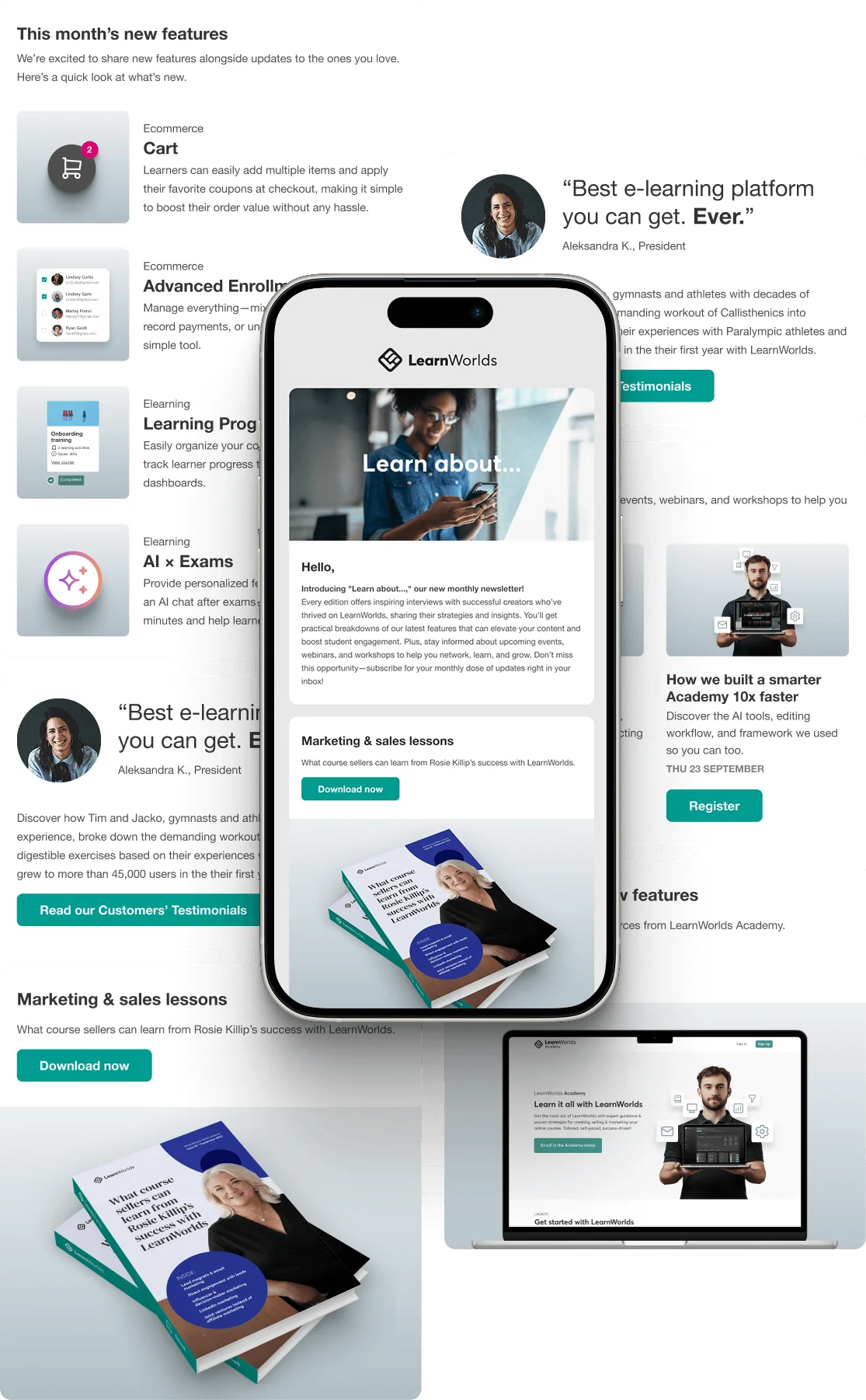 Smartphone displays a LearnWorlds newsletter overlaid on webpage panels highlighting new features, testimonials, downloadable lessons, and event...
