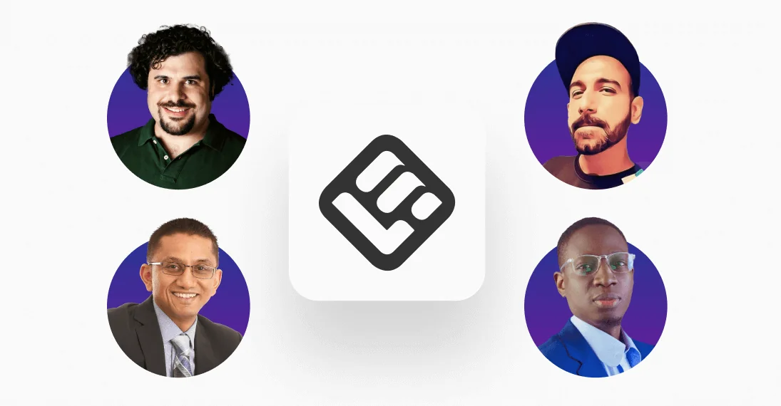 Central rounded white tile displaying a black abstract logo, surrounded by four circular portrait headshots on purple-gradient discs, arranged around...