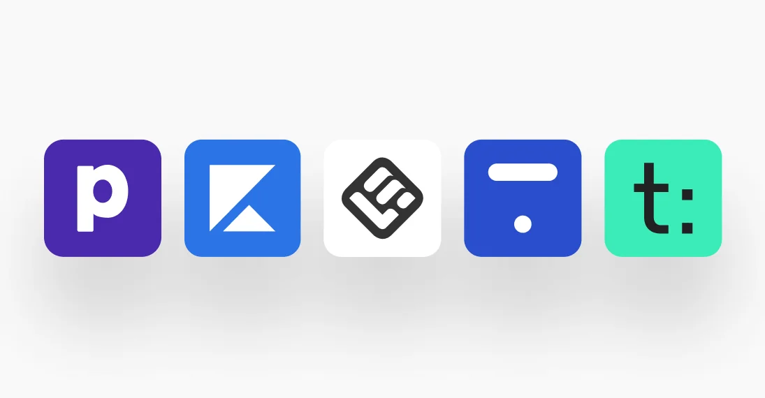 Row of five rounded-square app icons aligned horizontally, each displaying distinct logos; they float above a white background with soft shadows.