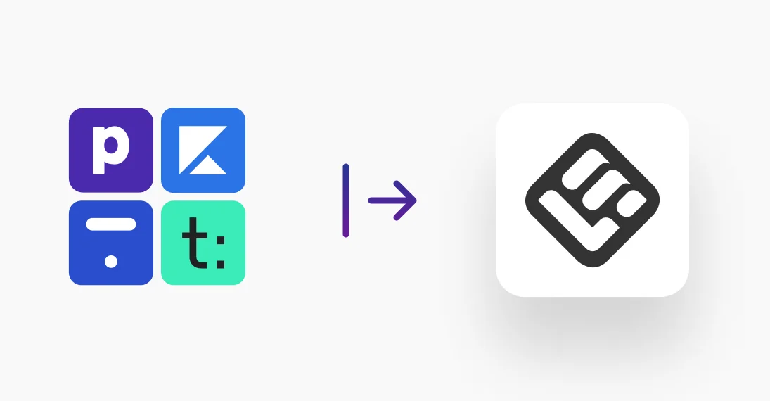 Four colorful app icons on the left merge (arrow) into a single monochrome rounded-square app icon on the right, on a white background with a soft...