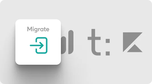 A white rounded tile labeled "Migrate" shows a teal right-pointing arrow icon, floating with a soft shadow against a light gray background with faint...