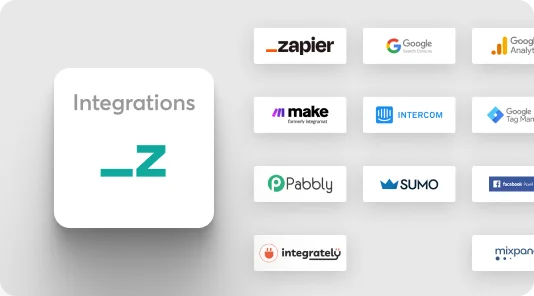 A white card labeled "Integrations" with a turquoise underscore-Z sits left; rows of small logo tiles to the right display various third‑party...