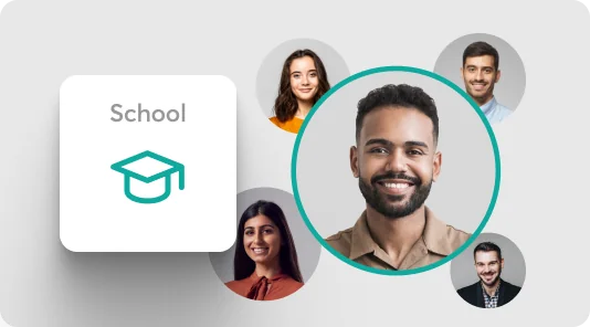 Smiling man’s headshot, highlighted by a teal circle, surrounded by four smaller circular portraits; white card labeled "School" with turquoise...