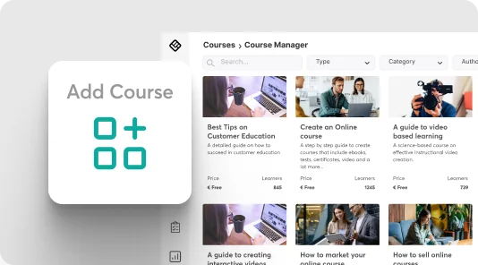 Course-manager dashboard displaying an "Add Course" tile and multiple course cards in a web app UI with search and filter controls.