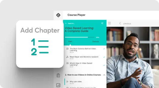 Course player panel displays a lesson list and progress while a seated instructor speaks on the right; an "Add Chapter" overlay appears at left on a...