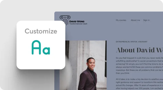 Floating "Customize" card overlays a muted webpage profile; a smiling portrait sits beside an "About David Wong" bio on a blue-gray site.