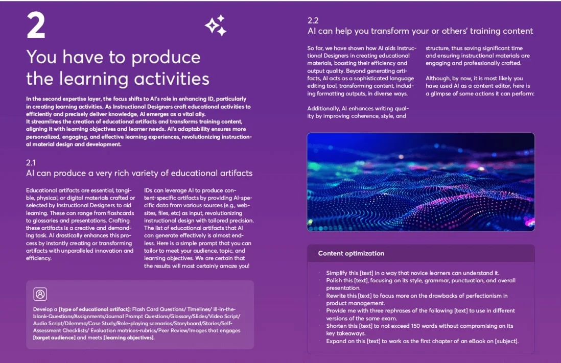 A two-page purple instructional spread showing section 2 titled "You have to produce the learning activities," with explanatory paragraphs,...
