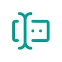 A teal abstract logo connects a vertical bracket-like column to a rounded rectangular "face" with two small dots, centered on a white background.
