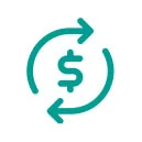 Dollar sign encircled by two curved arrows (forming a cycle), indicating recurring transactions or currency exchange; teal icon centered on a plain...