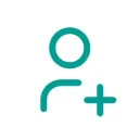Teal outline of a user silhouette (circle head, curved shoulders) with a teal plus sign at the lower-right, indicating add user, centered on a white...