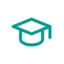 Teal mortarboard (graduation cap) icon sits slightly tilted, centered against a plain white background.