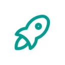 Teal outline rocket icon ascending at a 45° angle, simple rounded design with circular window; centered on a plain white background.