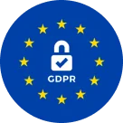 White padlock icon with checkmark labeled "GDPR" (object) signifies secured data (action) centered on a blue circle surrounded by twelve yellow...