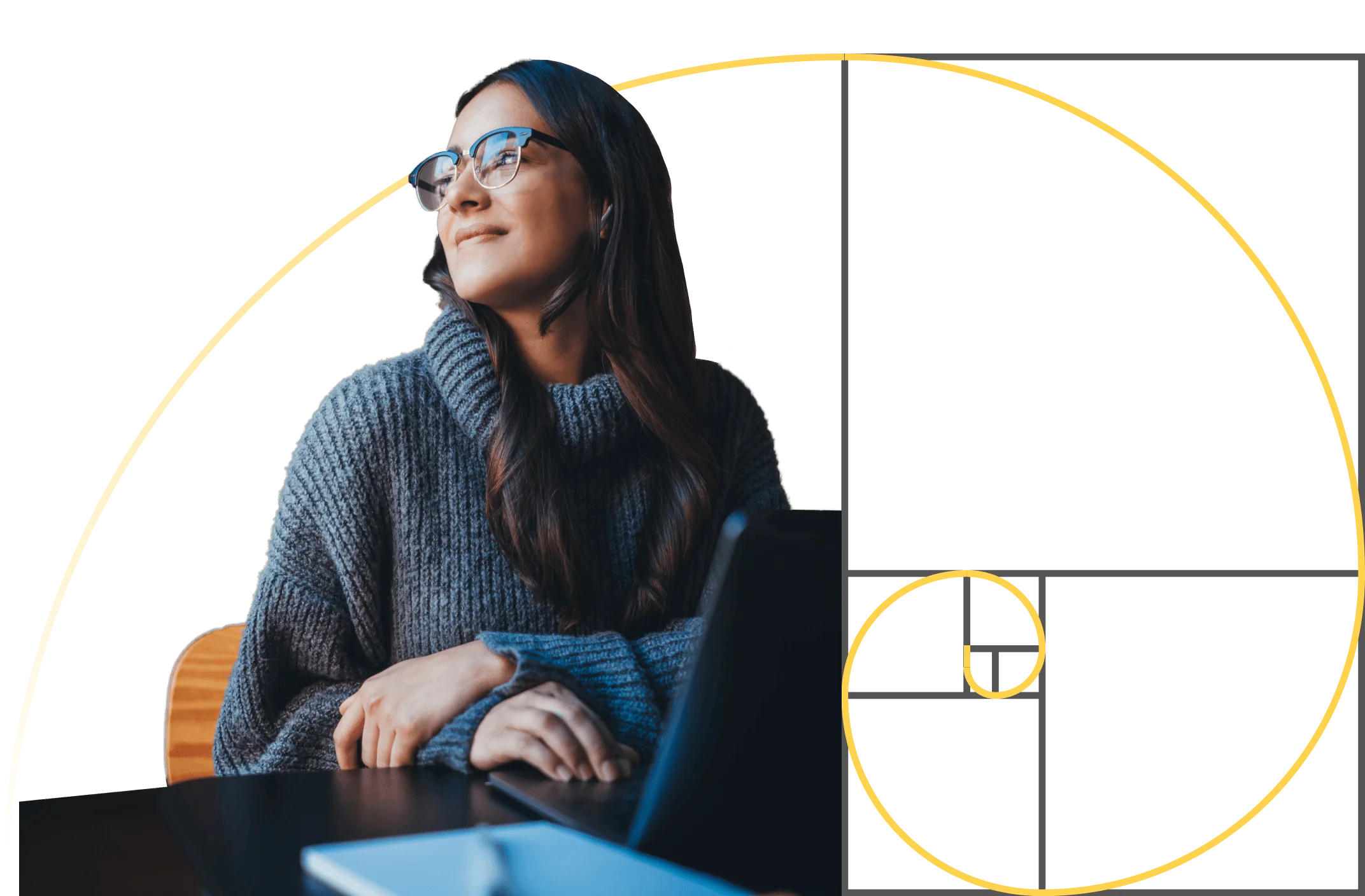 A seated woman in a chunky gray sweater, glasses; she looks up and left, hands resting near a laptop; black background with a yellow golden-spiral...