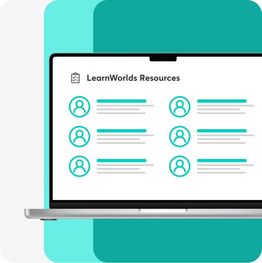 Laptop screen displays heading "LearnWorlds Resources" and six user-icon entries with teal title bars and gray placeholder text; laptop sits against...