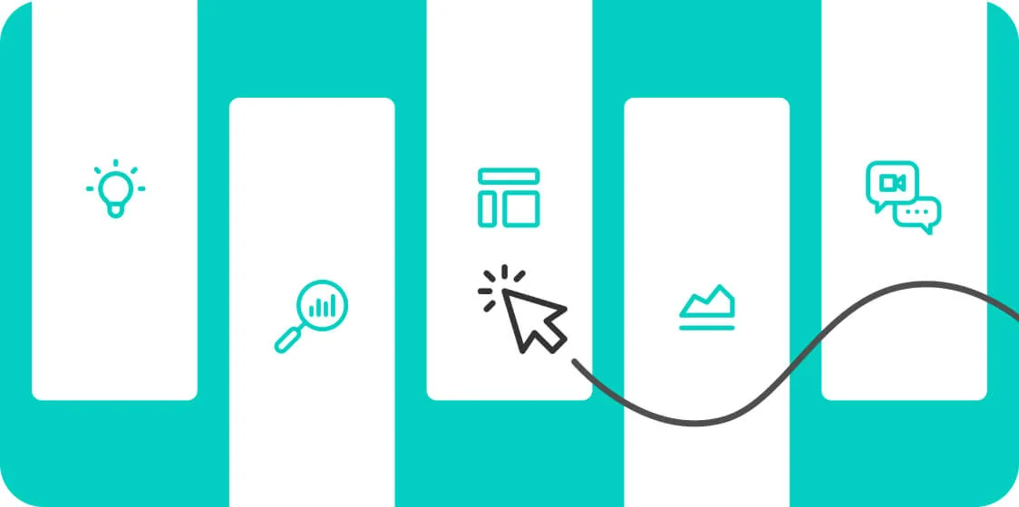 Five tall white rounded panels on a teal background display teal icons (lightbulb, magnifier with bar chart, layout, photo, video chat).