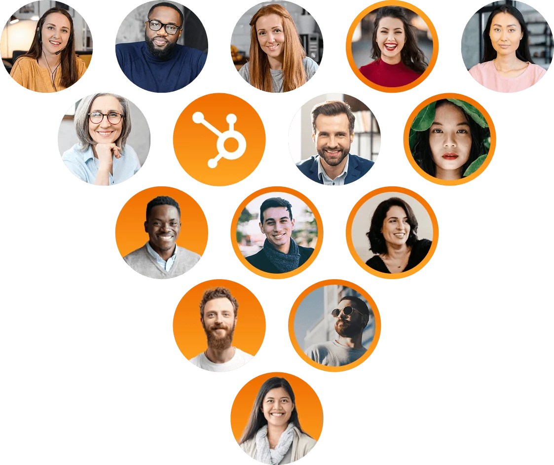 Cluster of circular profile photos and an orange hub logo, arranged in an inverted triangle; diverse individuals smile or gaze at camera within...