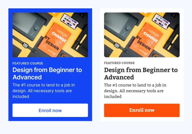 Two promotional course cards display a design textbook and tools, advertising a design course; left card uses bold blue styling, right card uses...