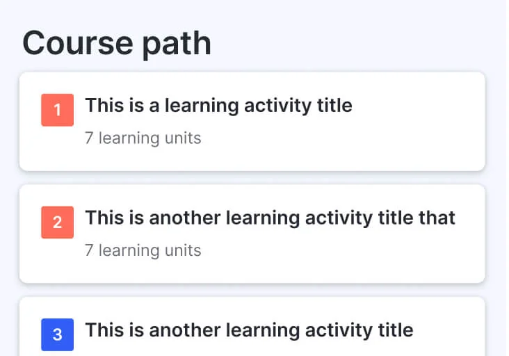 Course path list — three numbered learning-activity cards stacked vertically on a light panel, each showing a title and unit count.