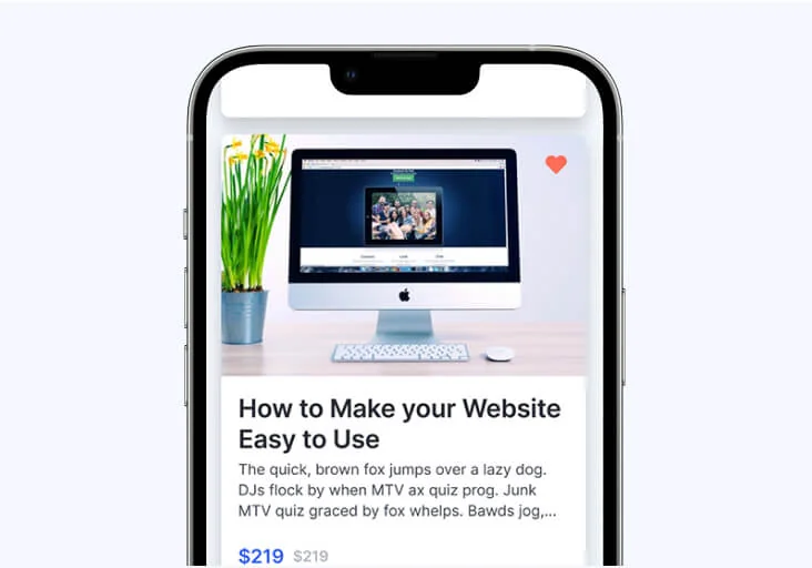 Smartphone displays an article card: a desktop monitor photo and potted plant pictured, headline about website usability shown on a pale background.
