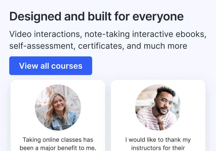 Website header promoting courses, showing a blue "View all courses" button and two circular testimonial photos in rounded cards on a light background.