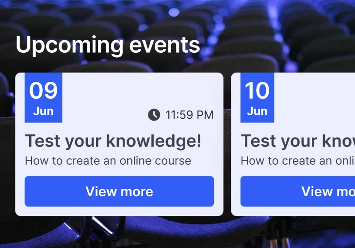 A pair of event cards displays upcoming sessions over blurred auditorium seats.