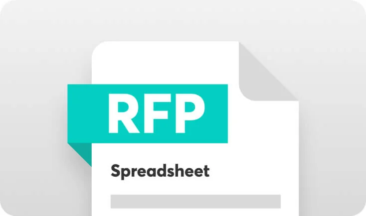 Document file displays a teal ribbon labeled "RFP," with the title "Spreadsheet" and a gray placeholder bar beneath; set on a softly rounded,...