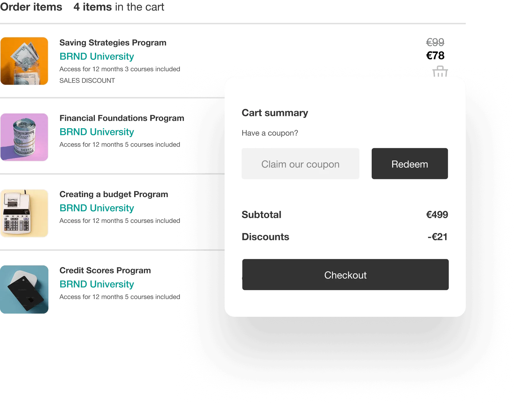 Cart summary panel displays subtotal, discounts and coupon options over a dark list of four BRND University programs.