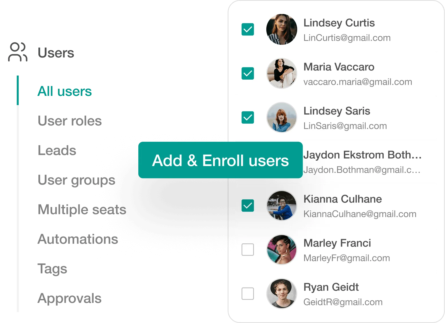 User list panel displays profile rows with checkboxes and an "Add & Enroll users" button, beside a sidebar menu highlighting "All users" in an...