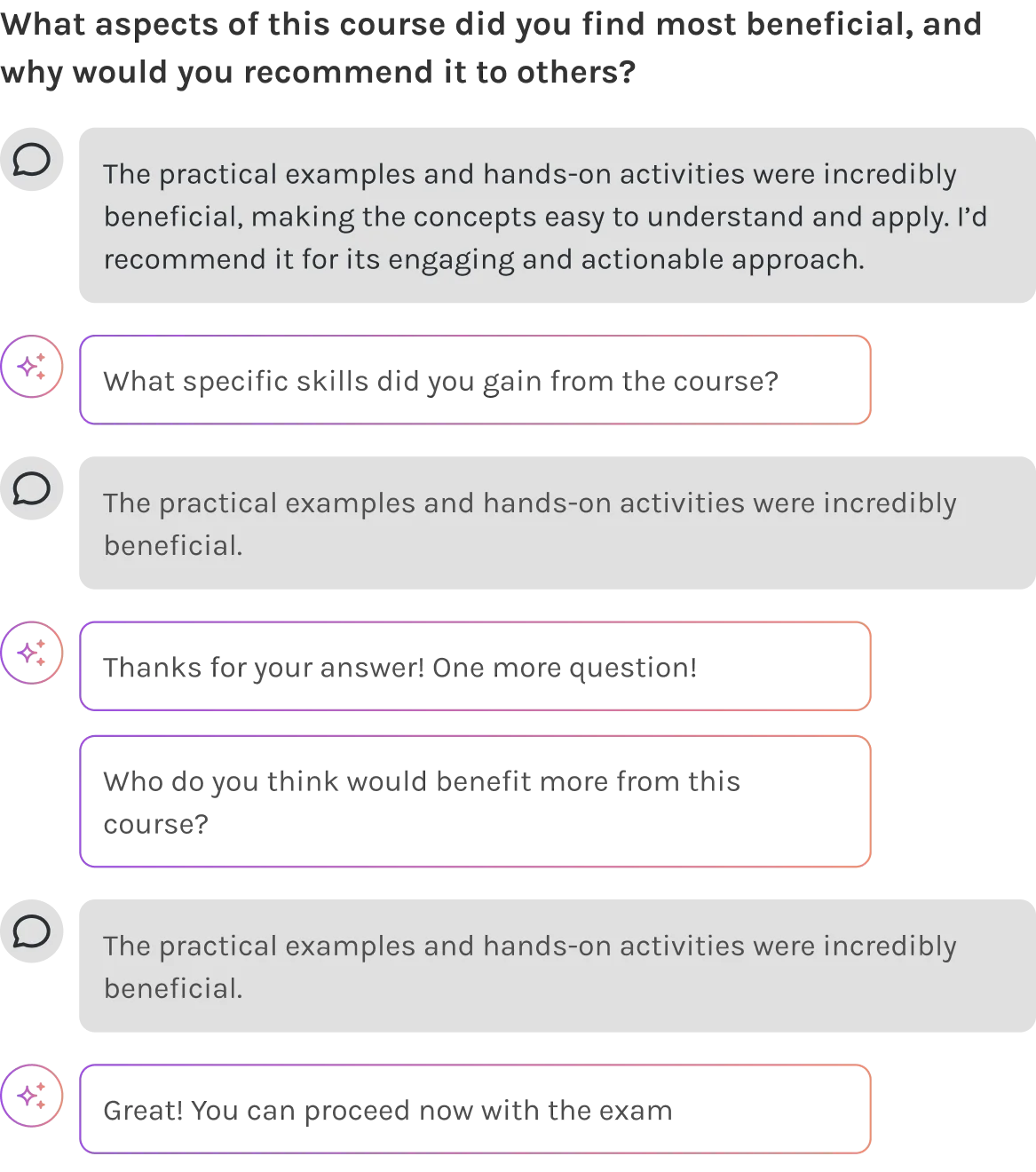 Chat conversation bubbles display a user repeatedly praising practical, hands-on course activities while a system prompts follow-up questions in a...