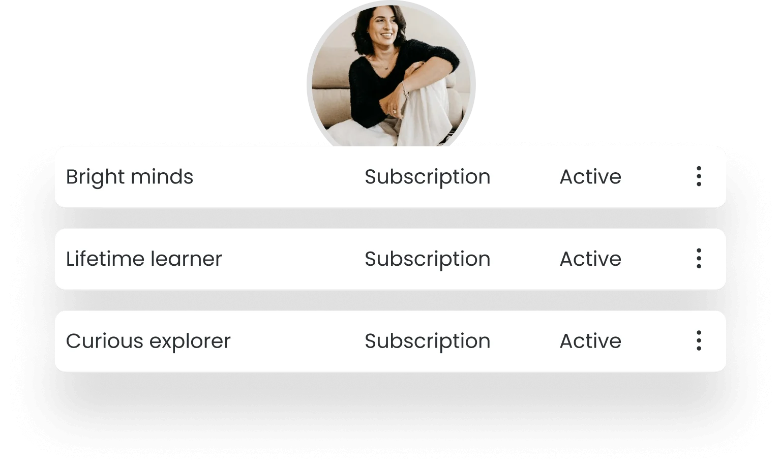 Circular profile photo above three white subscription cards — each card displays a subscription name and shows "Subscription" and "Active" on a dark...
