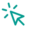 A teal click-cursor arrow icon points up-right, with three radiating teardrop-shaped lines to its upper-left suggesting a click or interaction, set...