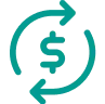 Turquoise dollar sign centered, encircled by a clockwise curved arrow, suggesting money refresh or recurring payment; simple flat icon on a neutral...