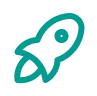 A teal-outline rocket icon with a circular porthole tilts upward, suggesting ascent; minimal flat design set against a plain white background.