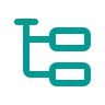Turquoise flowchart icon: a vertical stem with two rightward branches — one near the top and one lower — each ending in rounded rectangular nodes, on...