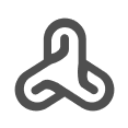 A gray, rounded three-loop abstract symbol sits centered on a white square; the loops interlock to form a triangular, triskelion-like shape.