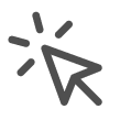 Computer mouse cursor arrow (dark gray) clicks, emitting three short radiating lines as a click indicator, centered on a light square background.