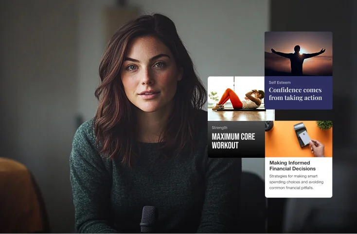 A woman sits center, looking at the camera and speaking into a microphone in a softly lit room; floating course tiles read: - Self Esteem Confidence...