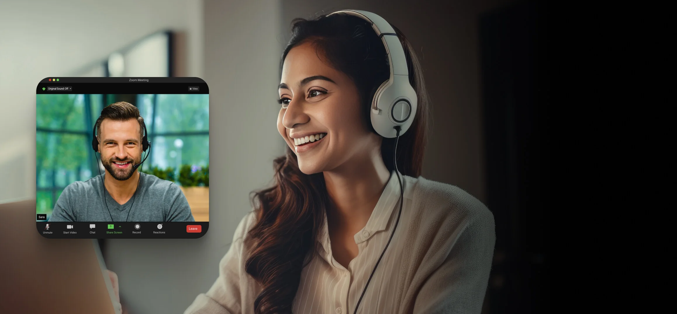 Young woman wearing white over-ear headphones smiles at her laptop during a video call; a man's smiling portrait appears in a floating Zoom window...