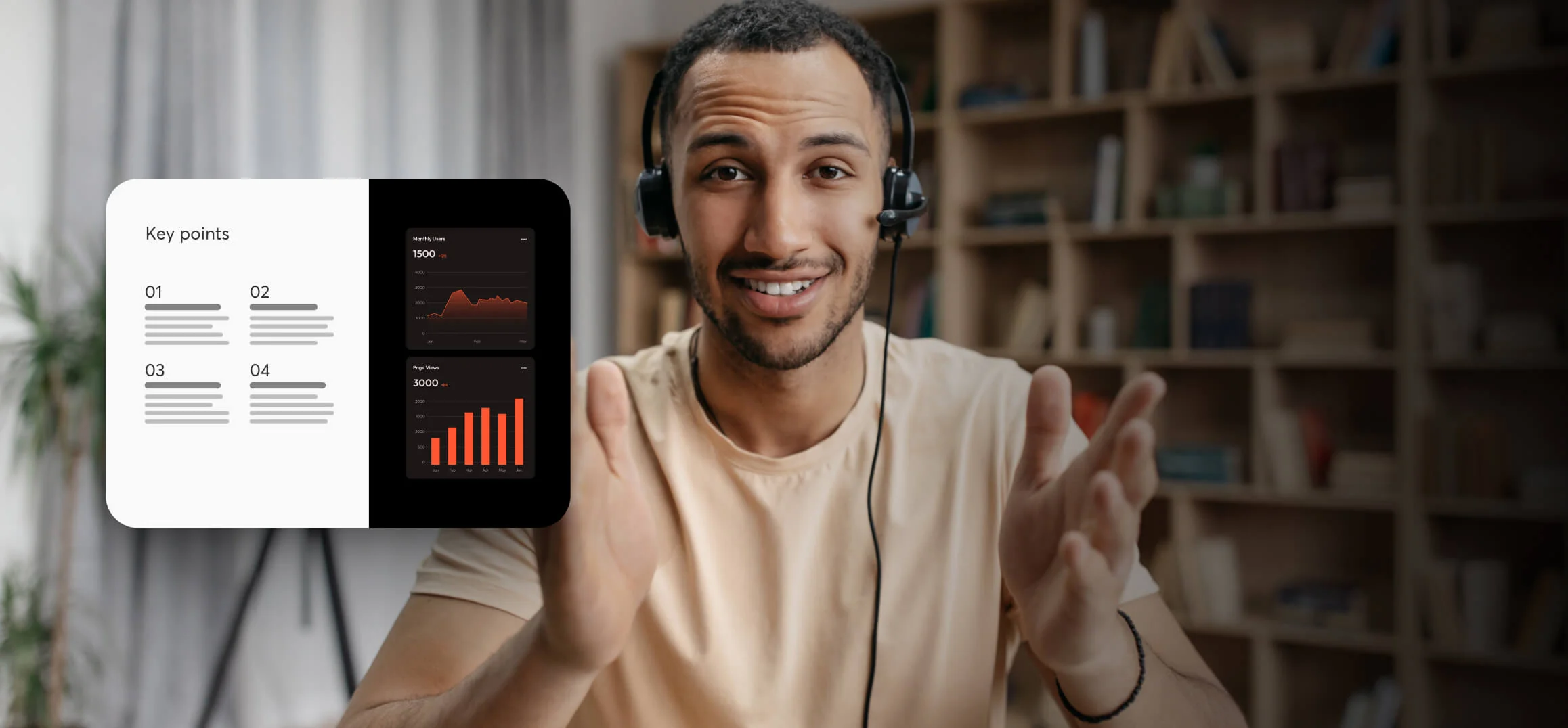 Man wearing a headset gestures and speaks toward the camera while presenting a slide with graphs; a bookshelf-filled home office sits blurred behind...