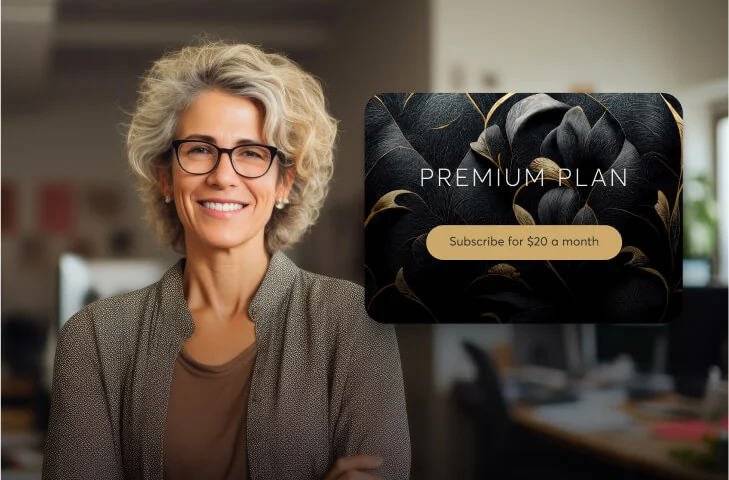Middle-aged woman wearing glasses smiles with arms crossed (object), standing in a blurred open-office (context); a decorative subscription card...